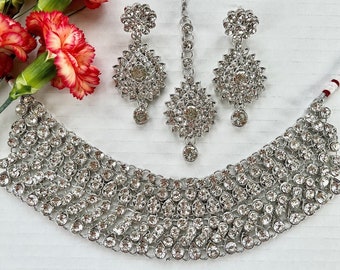 Silver Indian Necklace Set, Silver Bridal Set, Pakistani Jewelry, Punjabi Jewelry, Tikka Set, Silver Choker Set, Wedding Set, Indian Jewelry