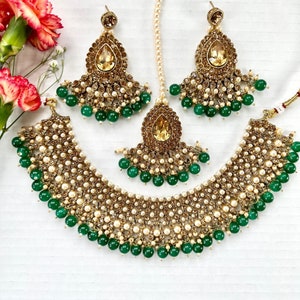 Green Antique Gold Pearl Necklace Set, Maroon Antique Gold Indian Necklace Set, Pakistani Jewelry, Green Tikka Set, Maroon Tikka Set, Bridal