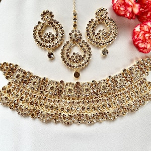 Antique Gold Necklace Set, Indian Bridal Set, Pakistani Jewelry, Punjabi Jewelry, Gold Tikka Set, Gold Choker Set, Indian Jewelry, Wedding