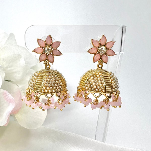 Gold Pearl Studded Jhumka Earrings CZ Statement Jhumka Indian Earrings Bollywood Earrings Bridal Wedding Punjabi Pakastani Earrings