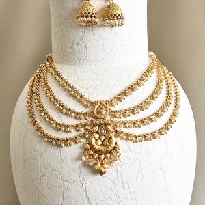 Gold Indian Layered Necklace Set Indian Jewelry Antique Temple Jewelry Punjabi Necklace Set Indian Wedding Bridal South Indian Jewelry