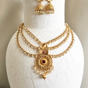Gold Indian Layered Necklace Set Indian Jewelry Antique Temple Jewelry Punjabi Necklace Set Indian Wedding Bridal South Indian Jewelry