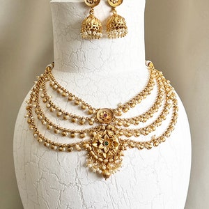 Gold Indian Layered Necklace Set Indian Jewelry Antique Temple Jewelry Punjabi Necklace Set Indian Wedding Bridal South Indian Jewelry