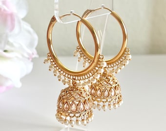 Polki Jhumka Earrings Gold Hoop Earrings Indian Earrings Pearl Hoop Earrings Pakistani Earrings Jhumkas Antique Earrings Chandbali Earrings