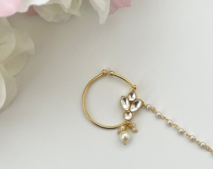 Kundan Pearl Indian Nose Ring Nath Clip on Bridal Wedding Nose Ring ...