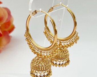 Gold Jhumka Earrings Gold Hoop Earrings Indian Earrings Pearl Hoop Earrings Pakistani Earrings Jhumkas Temple Chandbali Earrings Punjabi
