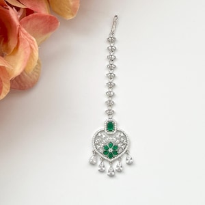 American Diamond Gold Silver Maang Tikka CZ AD Ruby Tikka Bollywood Jewelry Maang Tikka Jhoomer Green Bridal Tikka Pakistani Punjabi Jewelry