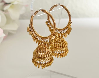 Gold Hoop Jhumka Earrings Indian Earrings Traditional Earrings Temple Jewelry Temple Earrings South Indian Earrings Hoops Bollywood Jewelry