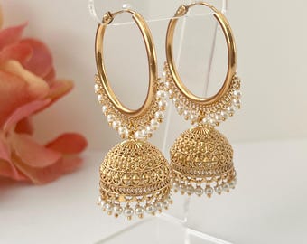 Gold Jhumka Hoop Earrings Indian Pearl Hoop Chandbali Earrings Indian Jewelry Bridal Wedding Pakastani Punjabi Bollywood Gold Hoops