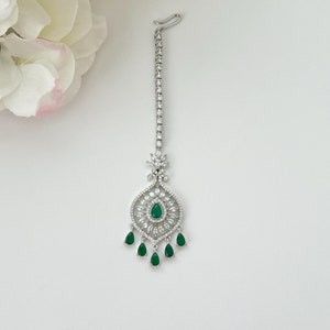 American Diamond Silver Maang Tikka Cubic Zirconia Tikka Bollywood Jewelry Maang Tikka Jhoomer Bridal Tikka Matha Patti Gift for Her