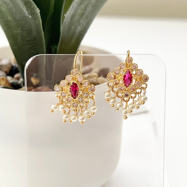 Small Jhumka Earrings Gold Ruby White Pearl Jhumka Earrings Indian Earrings Traditional Earrings Temple Jewelry CZ AD South Indian Earrings