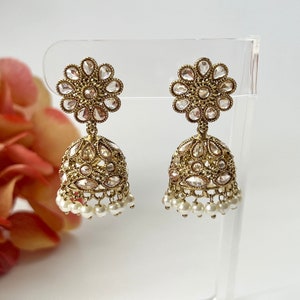 Gold Polki Jhumka Earrings Indian Wedding Earrings Bridal Earrings Indian Jewelry Boho Earrings Bollywood Earrings Statement Earrings