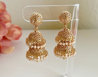 Double Jhumka Earrings Indian Temple Earrings Temple Jewelry South Indian Earrings Gold Tierd Jhumkas Long Jhumka Earrings Gold Earrings