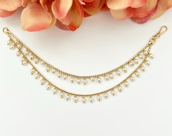 Cadena de pendientes de perlas indias Cadena Saharey Kaan Joyería india Joyería paquistaní Accesorios para el cabello Sahare Jhumka Sahara Jhumka Cadena Cadena de orejas