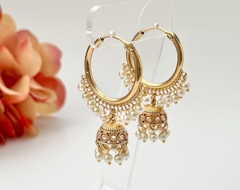 Polki Jhumka Earrings Small Gold Hoop Earrings Indian Earrings Pearl Hoop Earrings Pakistani Earrings Jhumkas Chandbali Earrings Girls Hoops
