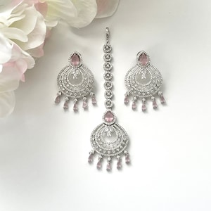 American Diamond Silver Maang Tikka Earring Set Cubic Zirconia Tikka Set Bollywood Jewelry Jhoomer Indian Bridal Tikka Headpiece Jewelry