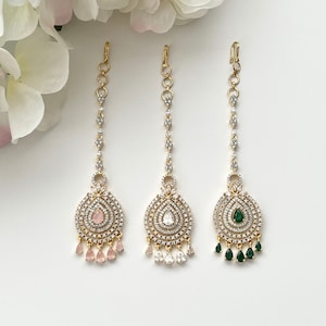 American Diamond Gold Silver Maang Tikka CZ AD Pink Tikka Bollywood Jewelry Maang Tikka Jhoomer Green Bridal Tikka Pakistani Punjabi Jewelry