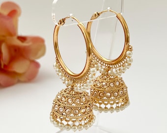 Polki Jhumka Earrings Gold Hoop Earrings Indian Earrings Pearl Hoop Earrings Pakistani Earrings Jhumkas Antique Earrings Chandbali Earrings