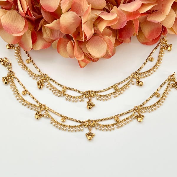 Cavigliera in oro Polki Moti con perle, cavigliera Payal Temple, cavigliera Payal Jhanjran Panjeb Boho, gioielli indiani, gioielli etnici, cavigliera da sposa Desi