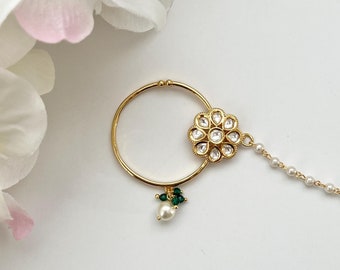 Kundan Perle indischer Nasenring Nath Clip On Braut Hochzeit Nasenring Indischer Schmuck Boho Schmuck Boho Nasenring Nasenring mit Kette