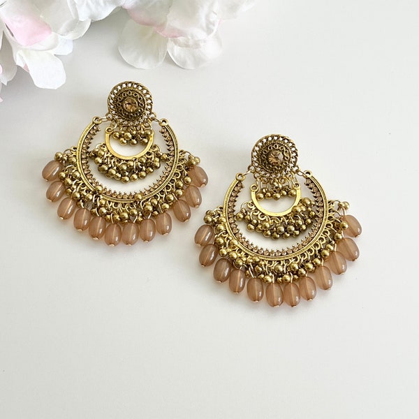 Indian Jhumka Cubic Zirconia Earrings Gold Chandbali Earrings Indian Earrings Gold Pearl Hoop Earrings Pakistani Earrings Beige Earrings