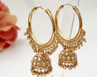 Gold Polki Jhumka Earrings Gold Hoop Earrings Indian Earrings Pearl Hoop Earrings Pakistani Earrings Jhumkas Chandbali Earrings