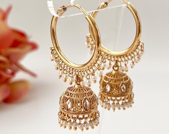 Small Gold Indian Jhumka Earrings Temple Indian Earrings Pearl Jhumka Earring Traditional Earrings Temple Jewelry South Indian Hoop Earrings