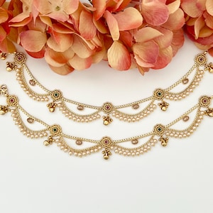 Gold Kundan Moti Perle Fußkettchen Payal Tempel Fußkettchen Payal Jhanjran Panjeb Boho Fußkettchen indischen Schmuck ethnischen Schmuck Hochzeit Braut Desi Fußkettchen