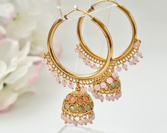 Pink Jhumka Earrings Gold Hoop Earrings Indian Earrings Pearl Hoop Earrings Pakistani Earrings Jhumkas Chandbali Earrings Mint Jhumkas