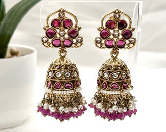 Antieke gouden Kundan Indiase Jhumka verklaring oorbellen Chandbali Punjabi oorbellen Indiase bruids bruiloft oorbellen Bollywood oorbellen Jhumkas