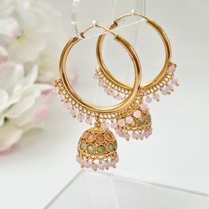 Pink Jhumka Earrings Gold Hoop Earrings Indian Earrings Pearl Hoop Earrings Pakistani Earrings Jhumkas Chandbali Earrings Mint Jhumkas Etsy