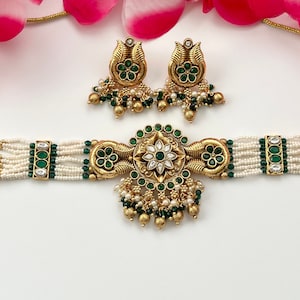 Green Kundan Polki Indian Necklace Set Indian Bridal Wedding Jewelry Pakistani Jewelry Punjabi Jewelry Choker Set Indian Temple Jewelry Set