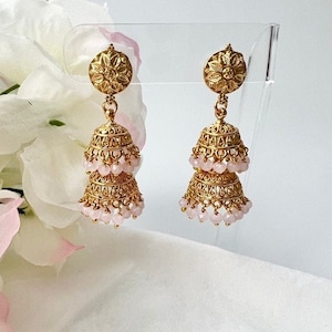 Double Tiered Small Gold Jhumka Indian Earrings Pearl Jhumka Earring Traditional Indian Earrings Simple Temple Jewelry South Indian Earrings