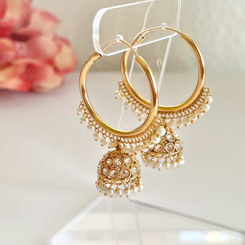 Polki Jhumka Earrings Gold Hoop Earrings Indian Earrings Pearl Hoop Earrings Pakistani Earrings Jhumkas Antique Earrings Chandbali Earrings image 1