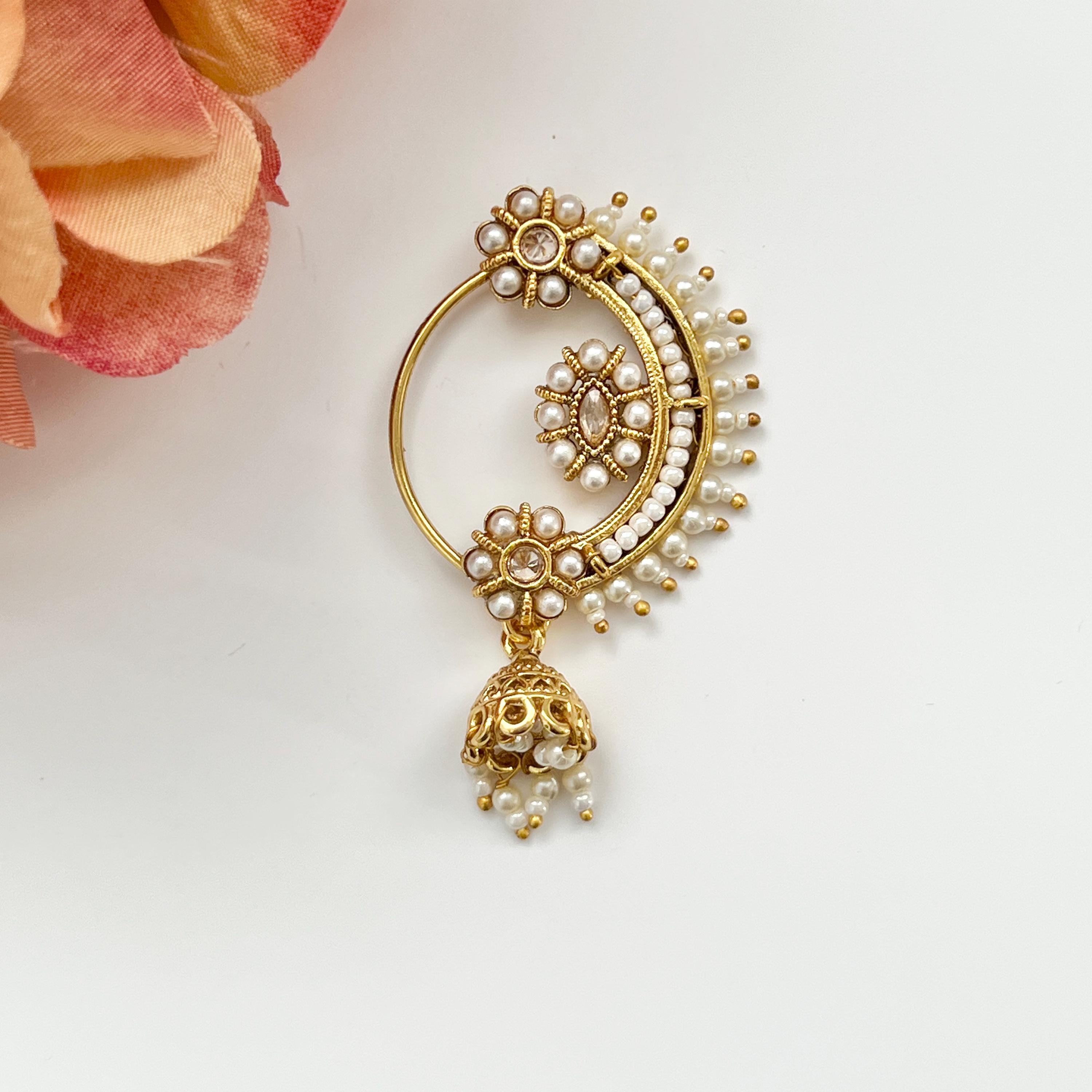Jhumki Maharashtrian Pearl Clip On Indian Nose Ring Pearl Nath Bridal Jhumki Maharashtrian Pearl Clip On Indian Nose Ring Pearl Nath Bridal
