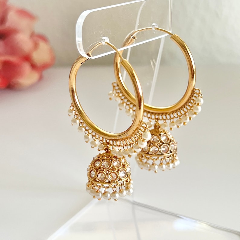 Polki Jhumka Earrings Gold Hoop Earrings Indian Earrings Pearl Hoop Earrings Pakistani Earrings Jhumkas Antique Earrings Chandbali Earrings image 3