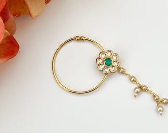 Kundan parel Indiase neusring Nath clip op bruids neusring bruiloft Indiase sieraden Boho sieraden Boho neusring neusring met ketting