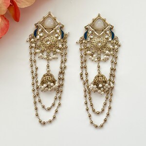 Kashmiri Jhumka Earrings Indian Kundan Long Statement Earrings Pakistani Earrings Ethnic Jewelry South Indian Jewelry Temple Earrings White