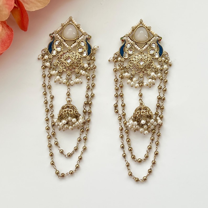Kashmiri Jhumka Earrings Indian Kundan Long Statement Earrings Pakistani Earrings Ethnic Jewelry South Indian Jewelry Temple Earrings White