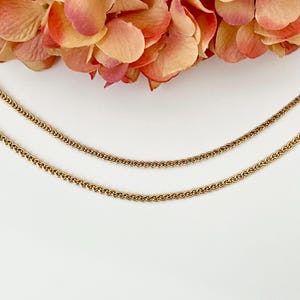 May include: Two delicate gold-colored chain necklaces with a repeating link pattern are displayed against a white background. The chains are positioned horizontally, with a blurred floral arrangement in the upper portion of the image.