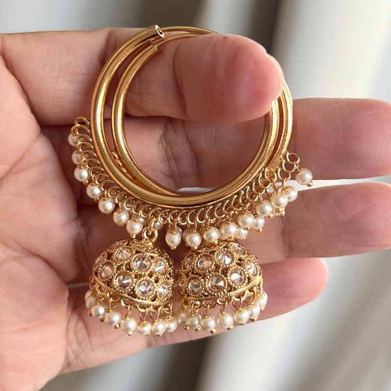 Polki Jhumka Earrings Gold Hoop Earrings Indian Earrings Pearl Hoop Earrings Pakistani Earrings Jhumkas Antique Earrings Chandbali Earrings Pearl