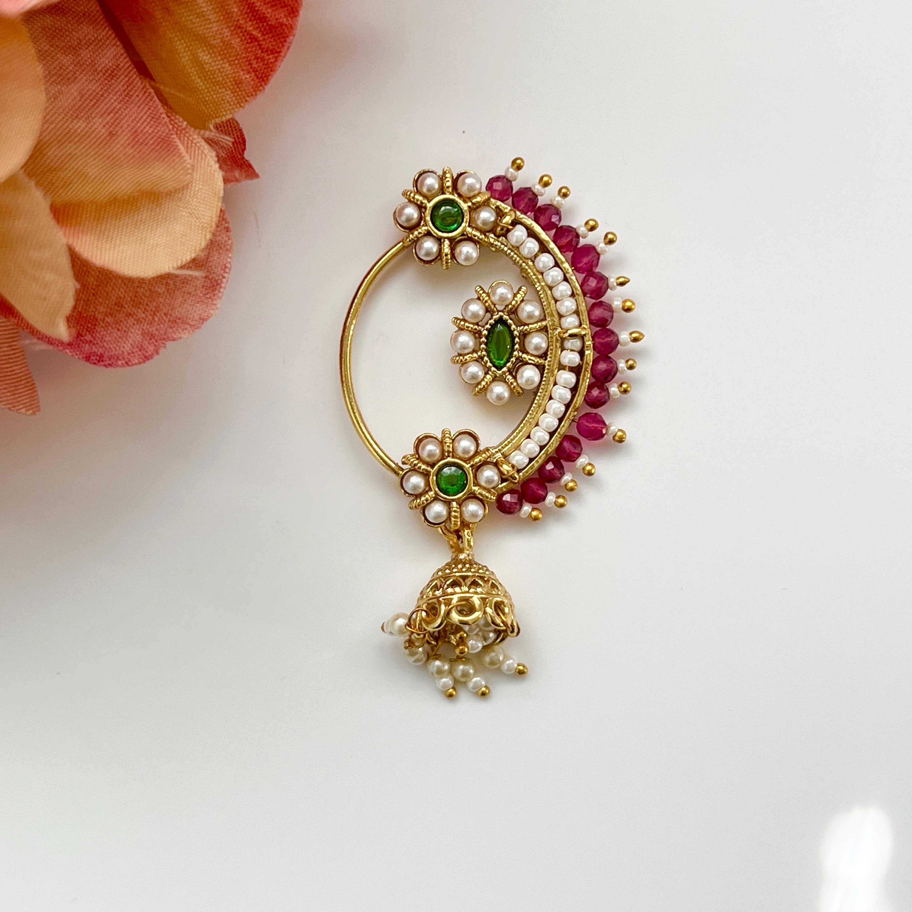 Jhumki Maharashtrian Pearl Clip On Indian Nose Ring Pearl Nath Bridal Jhumki Maharashtrian Pearl Clip On Indian Nose Ring Pearl Nath Bridal