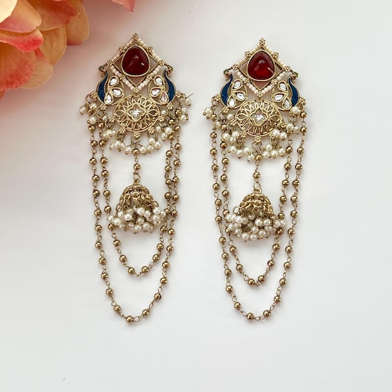 Kashmiri Jhumka Earrings Indian Kundan Long Statement Earrings Pakistani Earrings Ethnic Jewelry South Indian Jewelry Temple Earrings