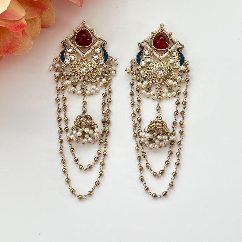 Kashmiri Jhumka Earrings Indian Kundan Long Statement Earrings Pakistani Earrings Ethnic Jewelry South Indian Jewelry Temple Earrings Maroon