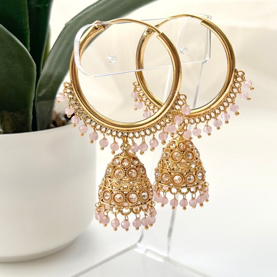 Pink Polki Jhumka Earrings Gold Hoop Earrings Indian Earrings Pearl Hoop Earrings Pakistani Chandbali Earrings Bollywood Earrings Bridesmaid