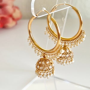 Polki Jhumka Earrings Gold Hoop Earrings Indian Earrings Pearl Hoop Earrings Pakistani Earrings Jhumkas Antique Earrings Chandbali Earrings image 4