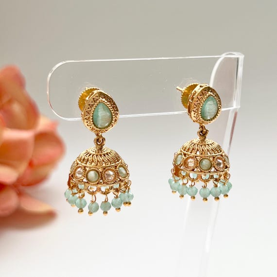 Gold Jhumka Earrings Temple Earrings Small Jhumkas Indian Earrings Polki Gold Earrings Bridal Jewelry Bollywood Earrings Punjabi Earrings