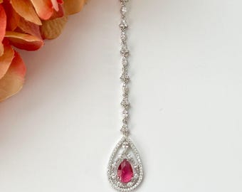 Diamante Plata Maang Tikka Cubic Zirconia Tikka Bollywood Joyería Maang Tikka Jhoomer Nupcial Tikka Matha Patti Regalo para ella