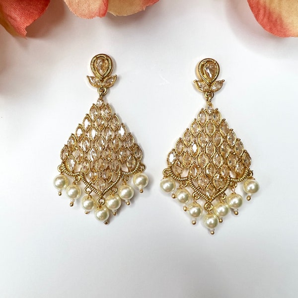 Gold Polki Designer Indian Earrings Pearl Chandbali Earrings Bridal Wedding Earrings Indian Jewelry Bollywood Party Earrings