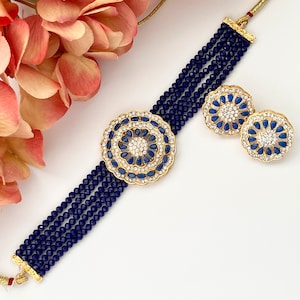 Blue American Diamond Indian Necklace Set, CZ Indian Bridal Wedding Jewelry, Pakistani Punjabi Jewelry, Kundan Choker Set, Indian Jewelry